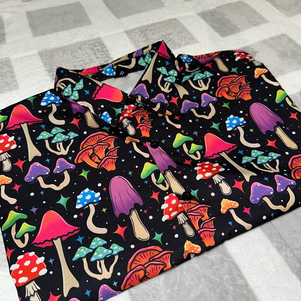 Black and Multicolor Mushroom Print Men's Shirt - Picture 4 of 4